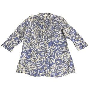 Coldwater Creek Top Womens Large Petite Blue Linen Pintuck Tunic Boho Button Up